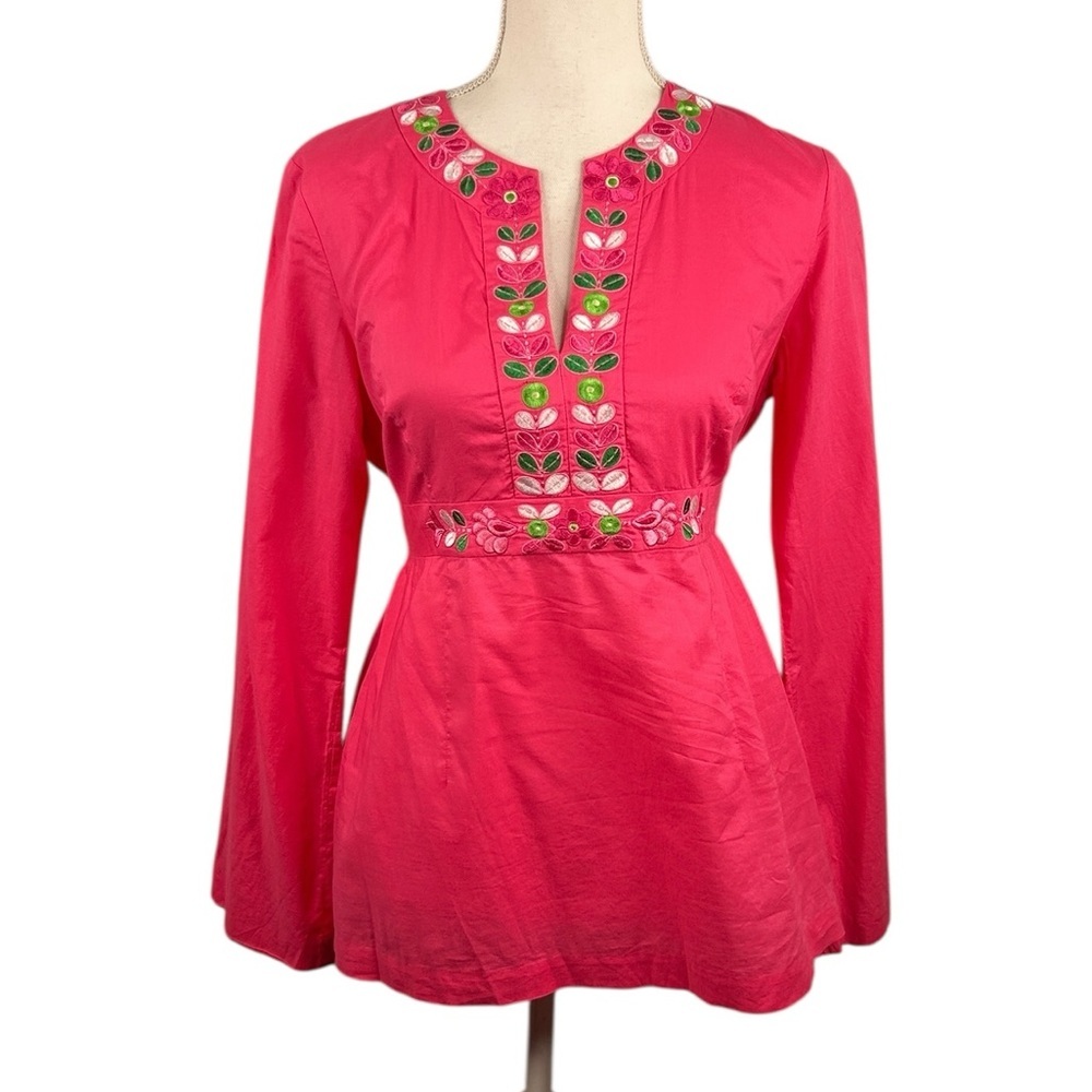 Lilly Pulitzer Pink Cotton Floral Embroidered Boho Summer V-Neck Top Size Small